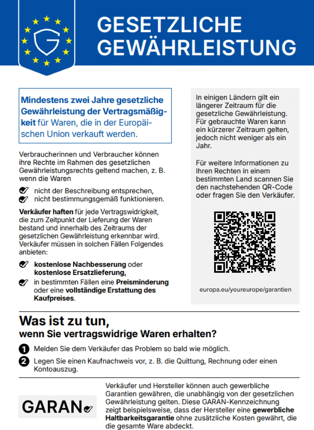 Harmonisierter Hinweis der Europäischen Union: mindestens zwei Jahre gesetzliche Gewährleistung.