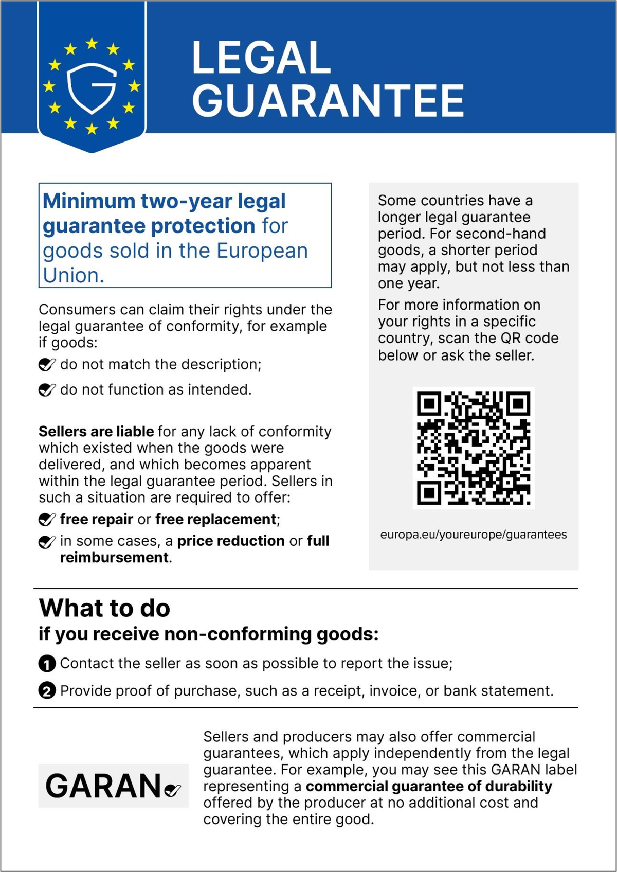European Union harmonised notice: minimum two-year legal guarantee of conformity.