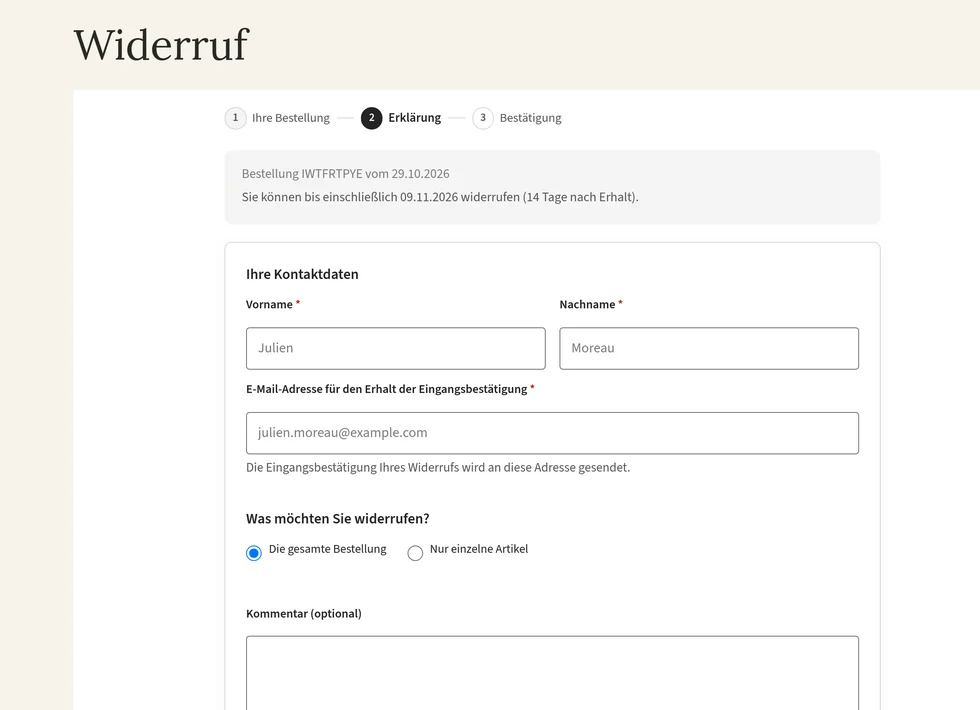 Das Widerrufsformular des Moduls: Bestellung gefunden, Widerrufsfrist angezeigt, Kontaktdaten vorausgefüllt.