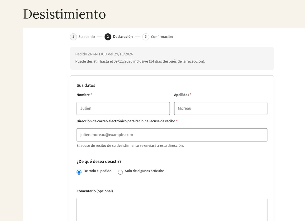 El formulario de desistimiento del módulo: pedido localizado, fecha límite visible y datos de contacto ya rellenados.