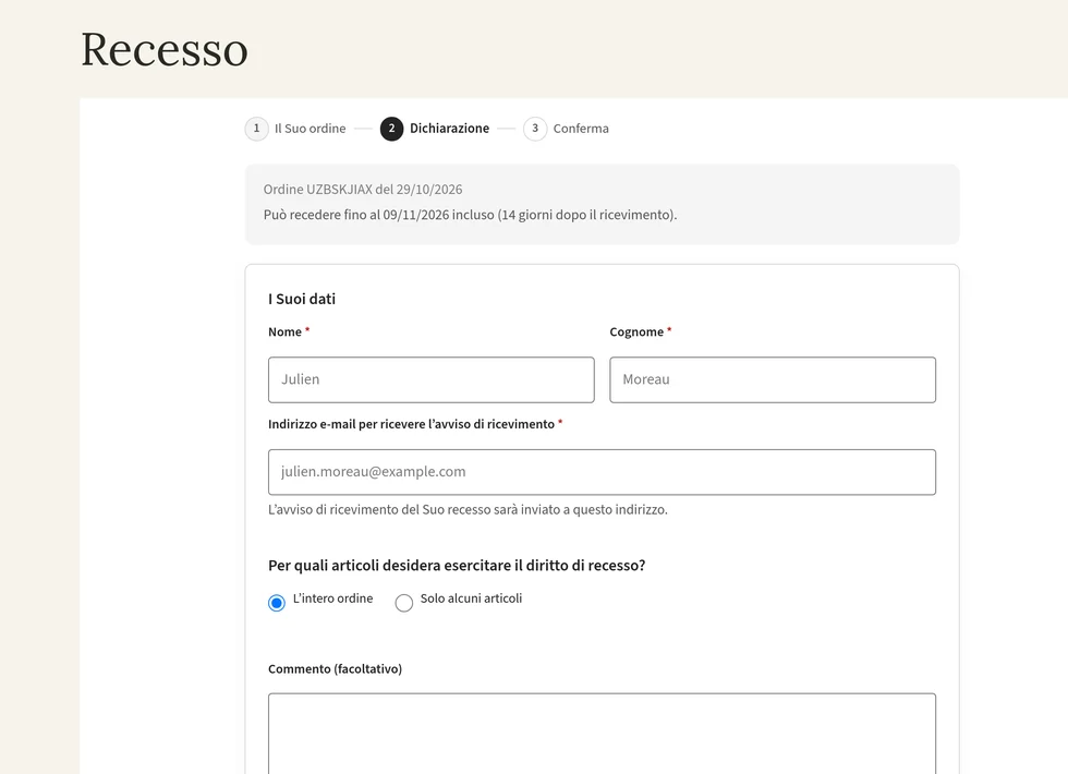 Il modulo di recesso: ordine individuato, termine per il recesso visualizzato e dati di contatto precompilati.